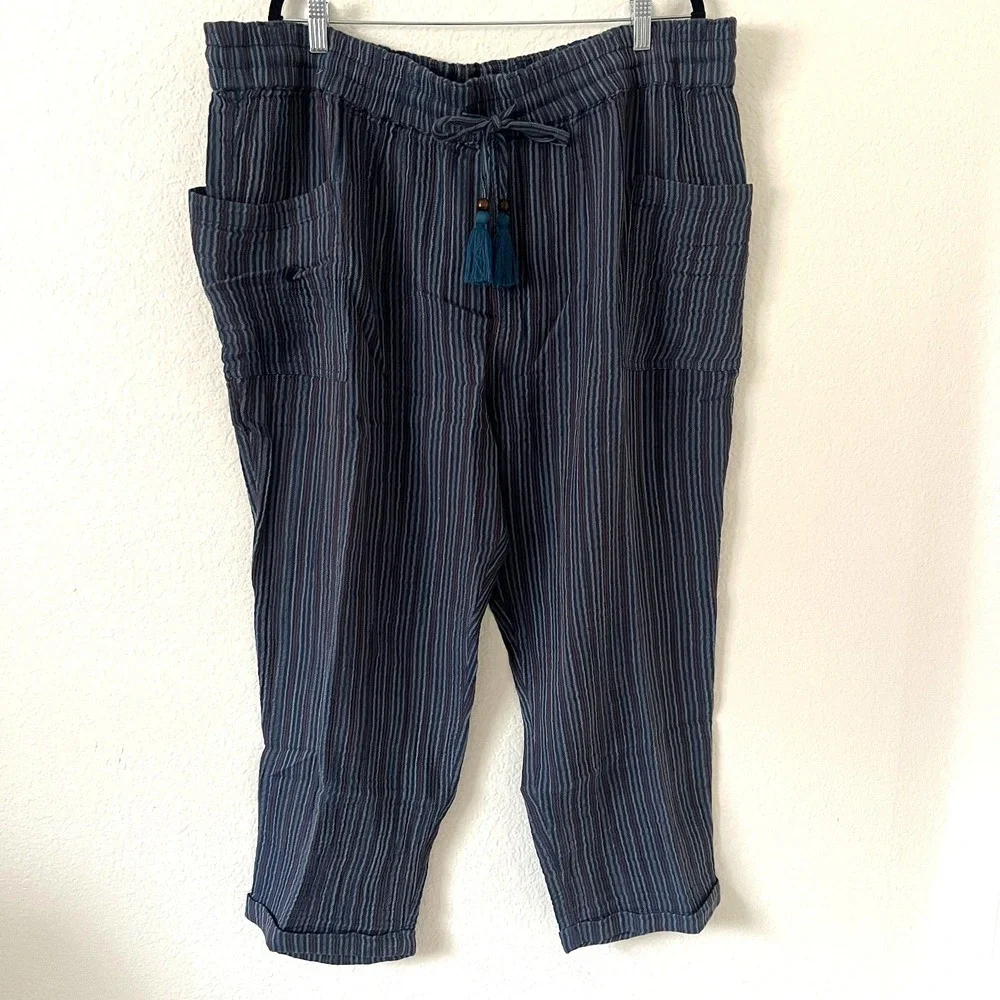 NWT Sundance Sz XXL Campari Pull‎ On Pants Striped Gauzy Cotton Blue Boho Beachy